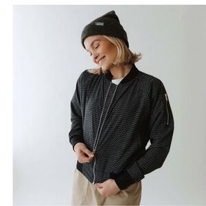 Albion Women’s Black and White Midnight Dash Patterned Bomber Jacket Sz Medium